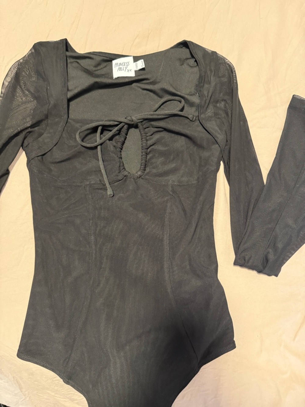 Princess Polly Black Long Sleeve Tie-Front Mesh Bodysuit